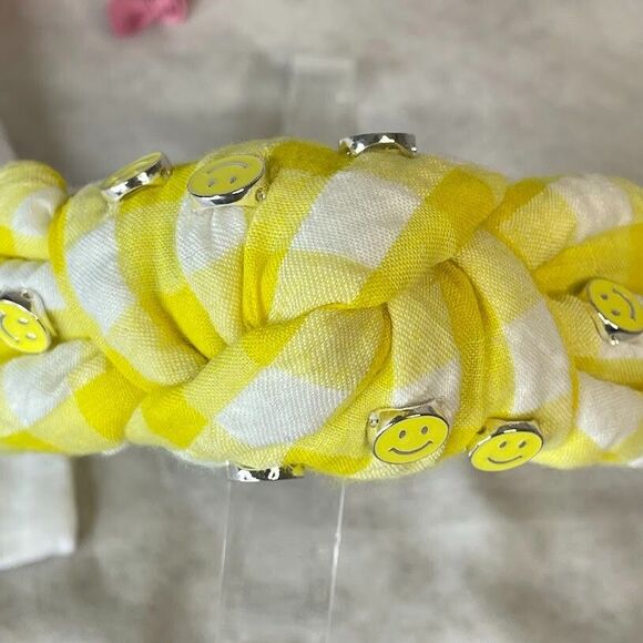 Living Fully Headband Yellow Gingham Knotted Allover Smiley Face with Dust Bag